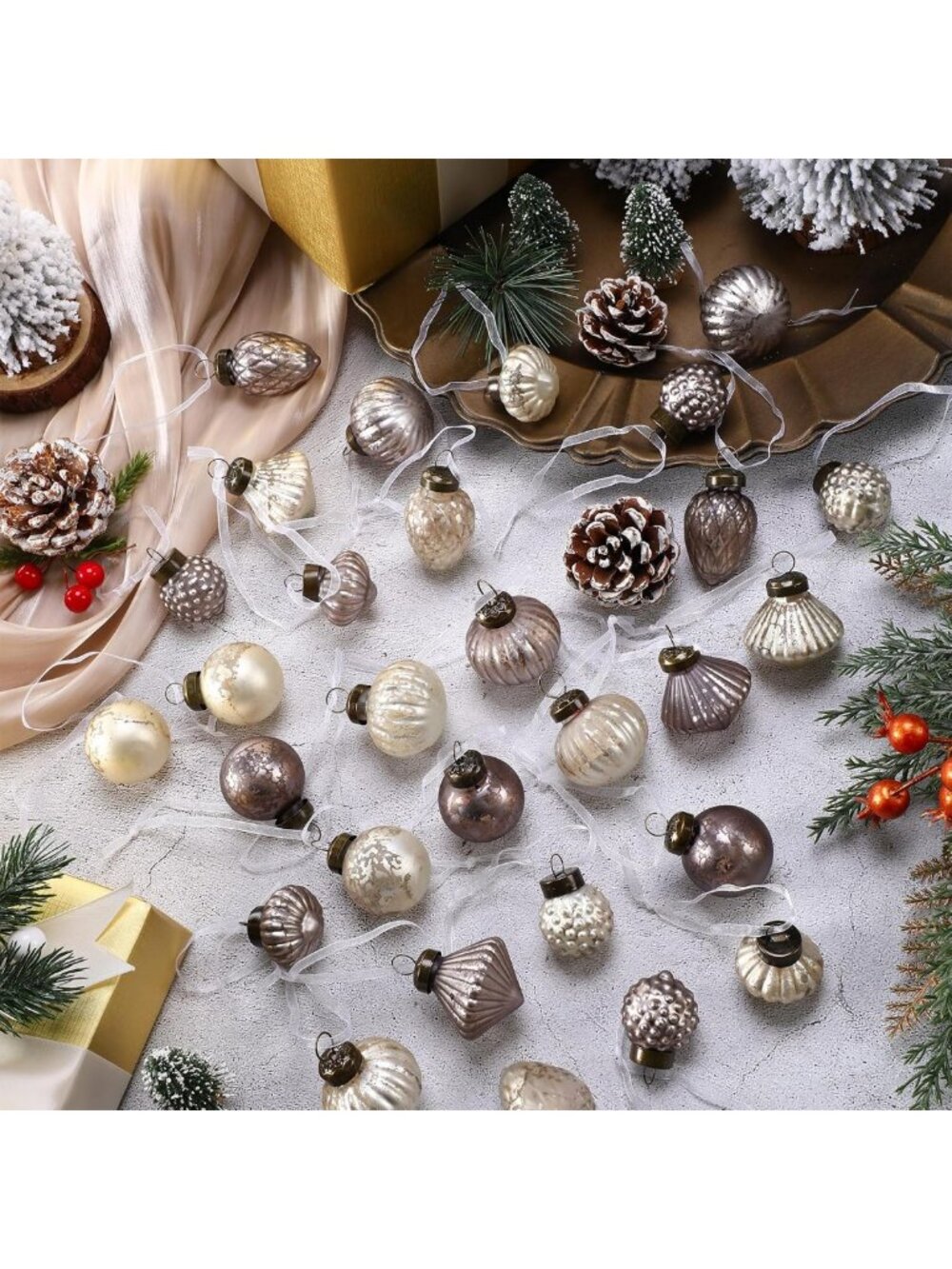 48 Pcs Mini Copper Mercury Glass Ornaments - Festive Holiday Decor, 1.2 in